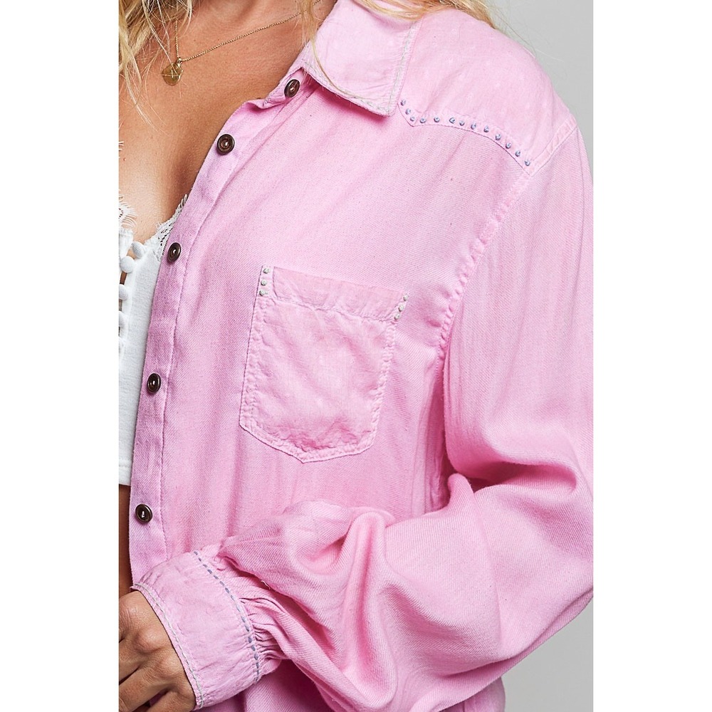 POL Washed Textured Cotton Western Button Front Shirt - Candy Pink - Large - Picture 6 of 6